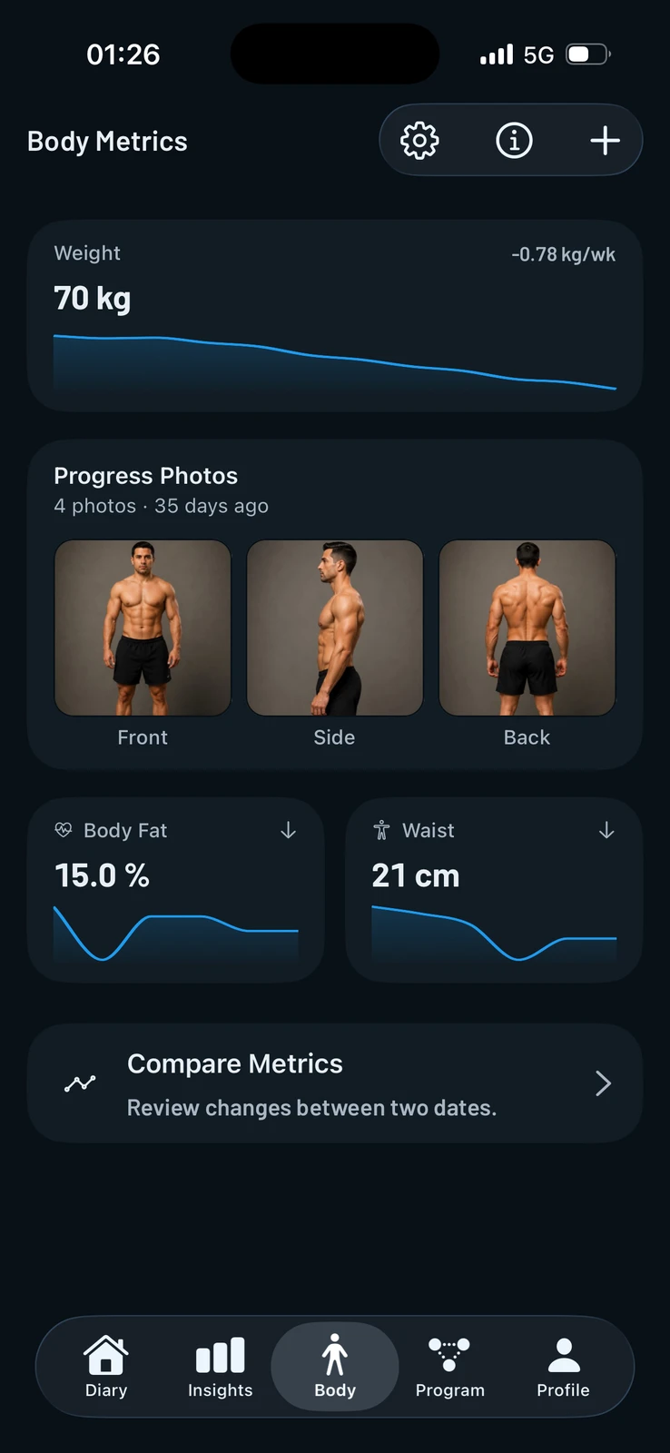 Body metrics screen with weight trend and progress photos