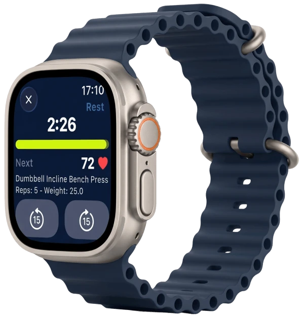 An Apple Watch running the Gravl rest timer next to a Wear OS watch mid-workout