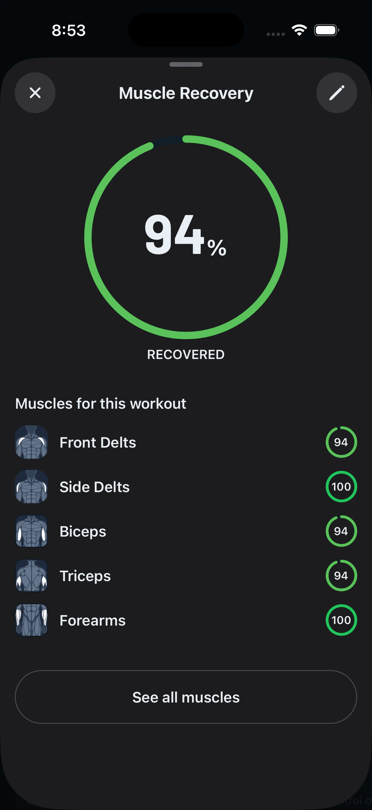 Muscle Recovery screen showing recovery percentage per muscle