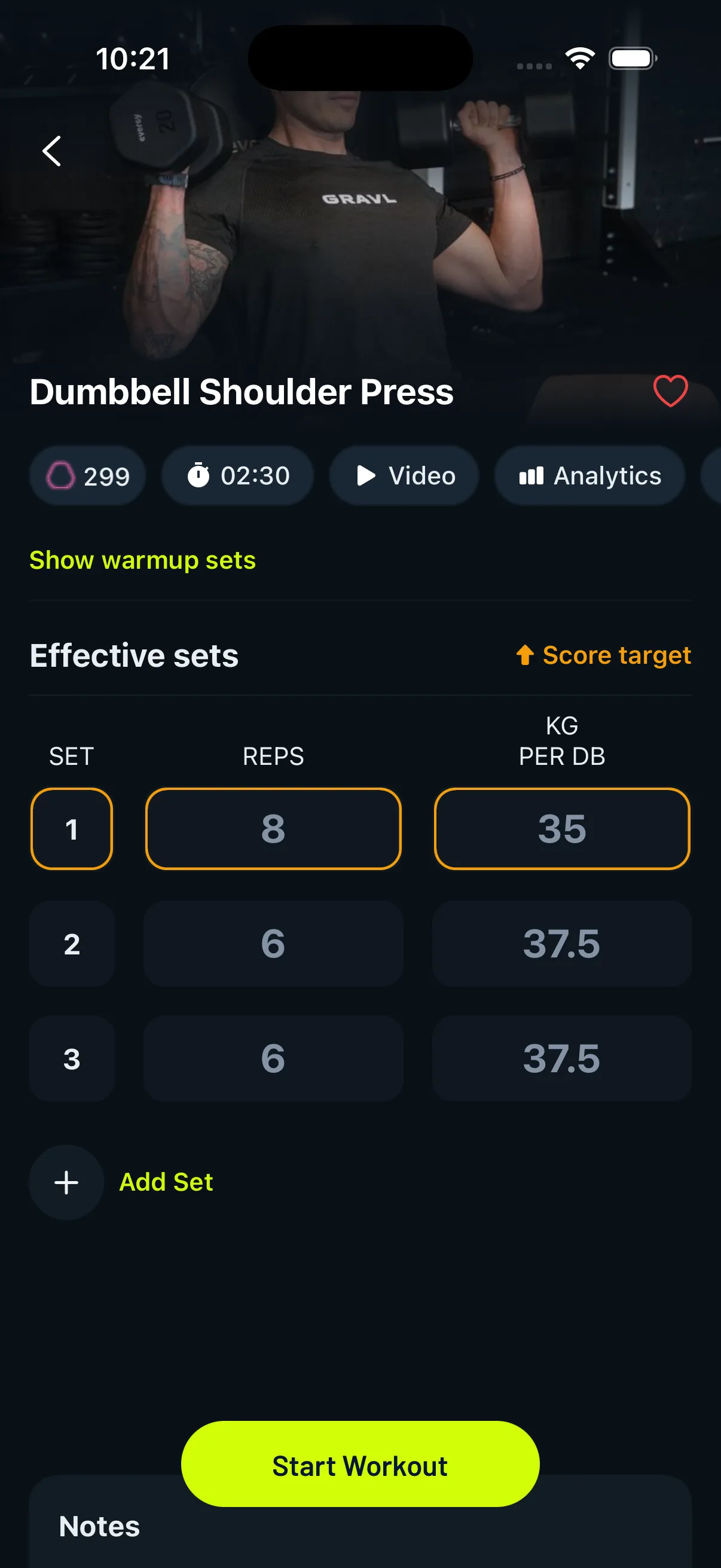 Gravl workout screen with exact weight and rep targets