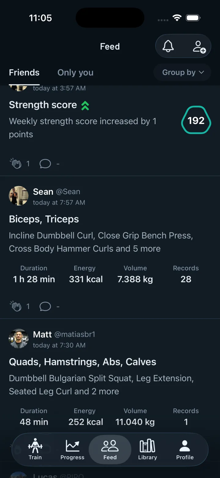 Friends feed with logged workouts