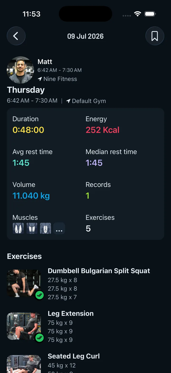 A friend's workout: duration, volume and records
