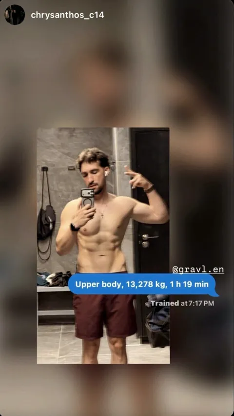Instagram story from @chrysanthos_c14 showing a workout logged with Gravl